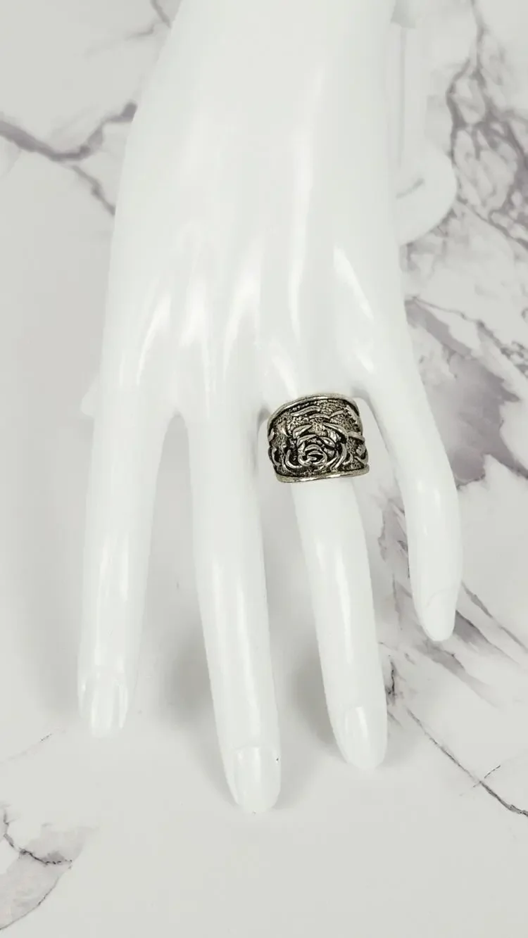 Chunky Vintage Style Rose Ring Wide Band Antiqued Silver Tone Goth Floral Size 6